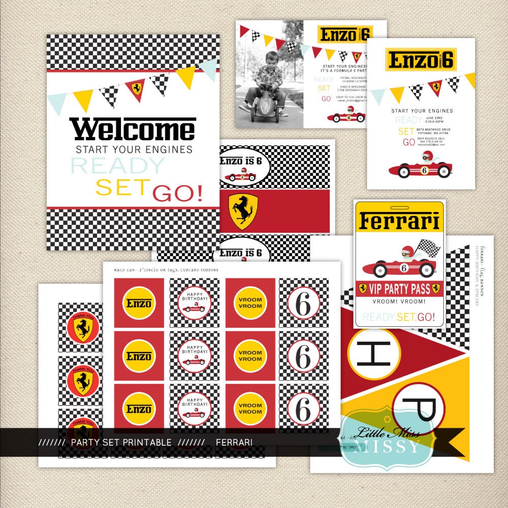 Race Car Birthday Party, Ferrari Birthday Invitation and Decorations