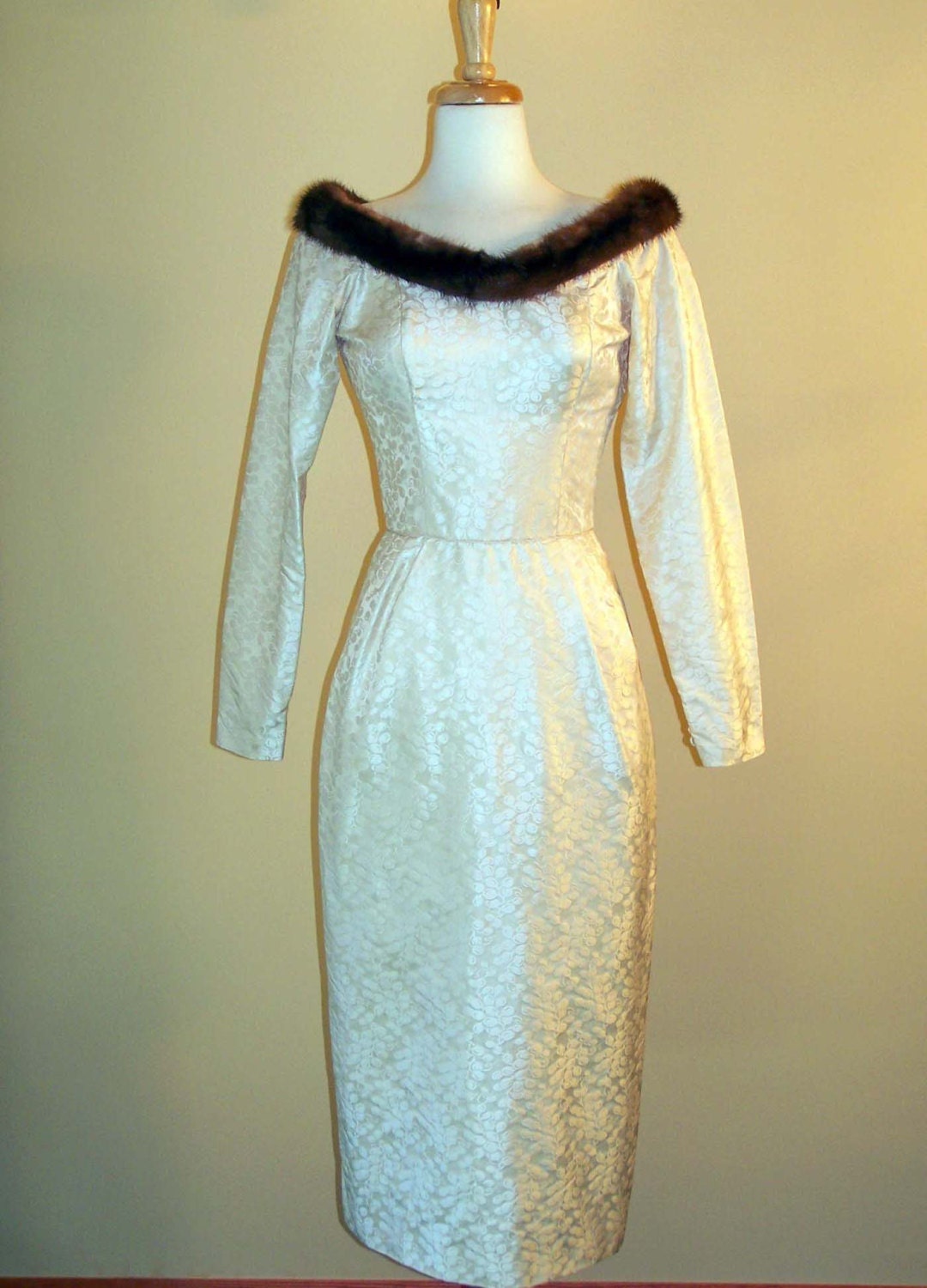 Stunning 1950s Ceil Chapman Silk Formal-Wedding-Cocktail Dress with Removeable Mink collar