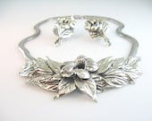Danecraft Silver Flower Necklace Earrings Hibiscus Set Early Felch Co. Mark 1940s Sterling Hibiscus Jewelry