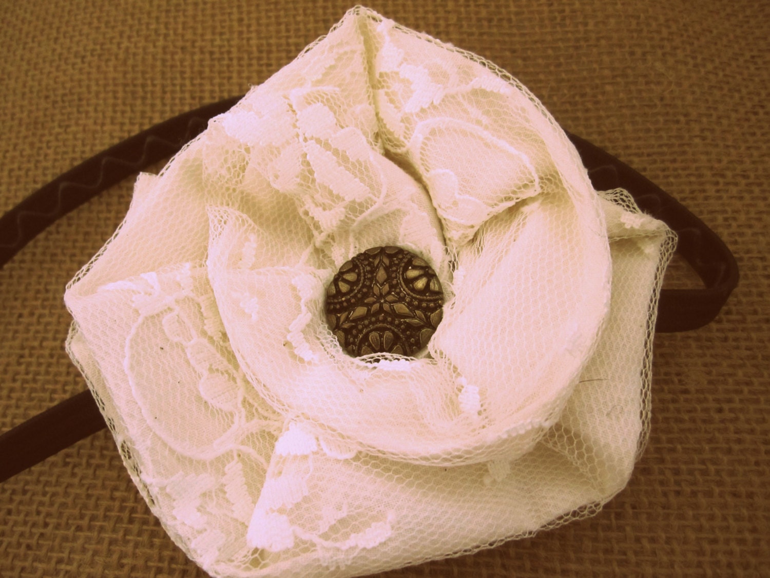 White Lace Vintage Button Ruffle Flower Elastic Headband