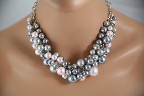 Pink and gray cluster chunky bridesmaids necklace  Bridesmaids jewelry.  Wedding necklace