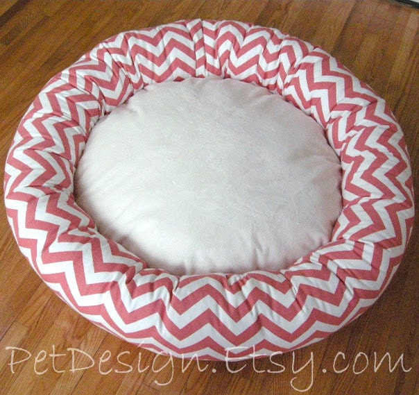 36" Bolster Dog Bed - Chevron, ZigZag Print Coral & White with Soft Minky Fleece - Removable Cover