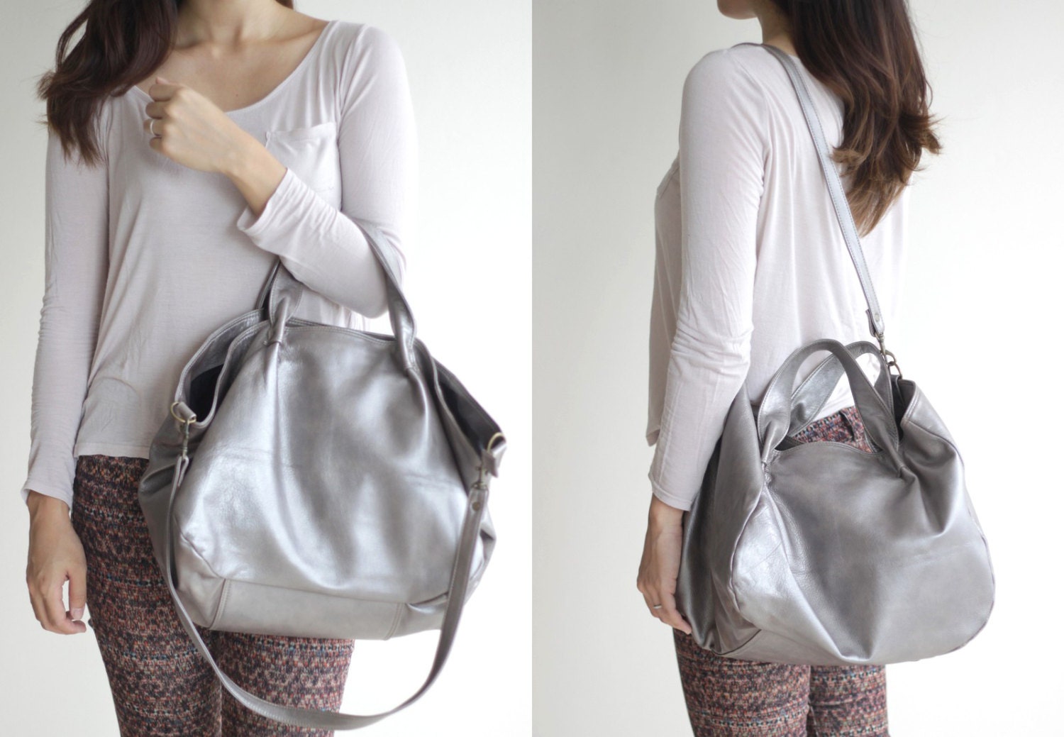 RESERVED for DZMama- Leather Satchel with Detachable Crossbody Strap in Metallic Silver