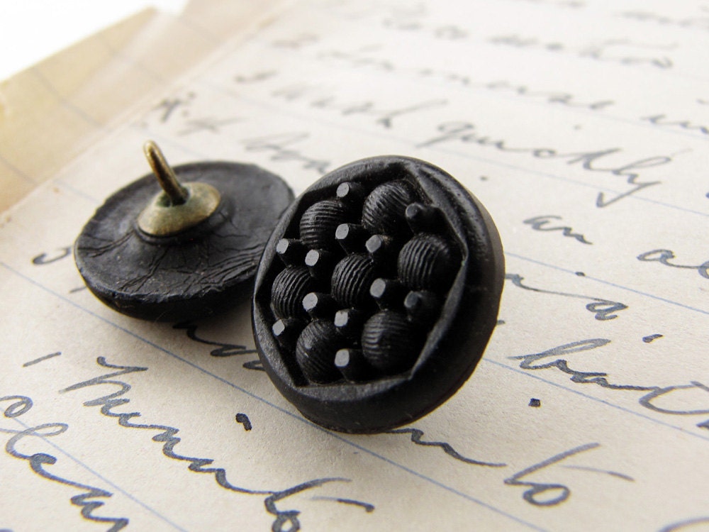 pair of antique black glass buttons - Victorian - French jet - gothic motif - 15mm