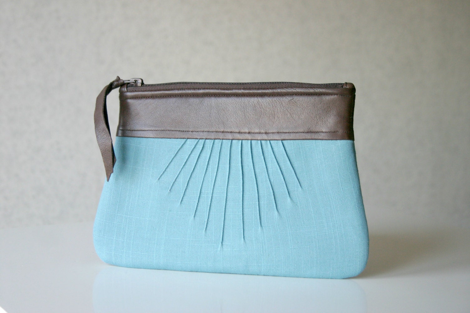 Pleated Clutch purse Blue Brown Leather Canvas
