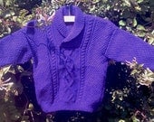 Child's handknit purple / amethyst aran sweater with shawl collar.