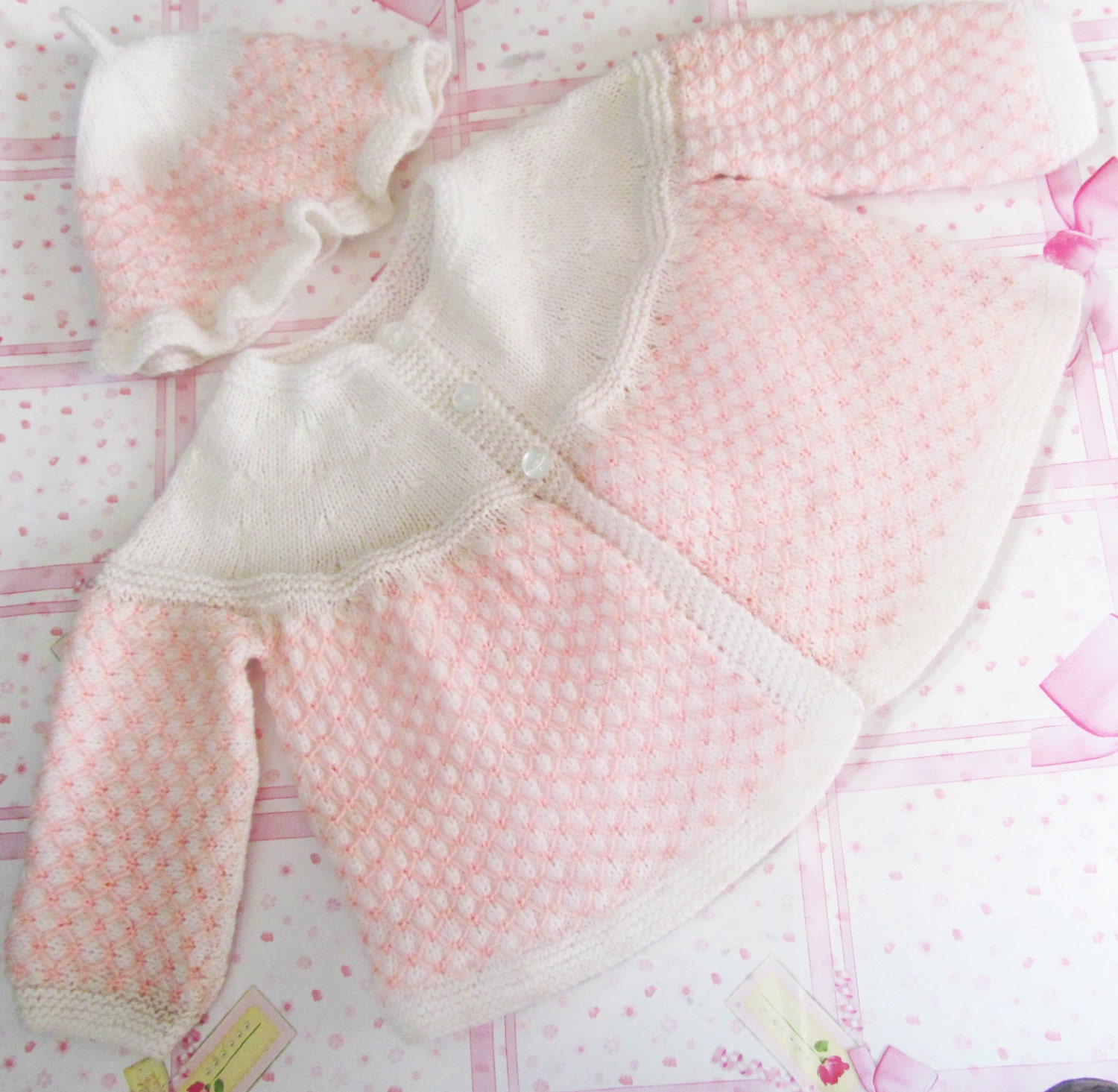 Baby Girl's white / pink traditional matinee jacket and hat / cap. Royal Baby Inspired.