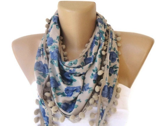 summer scarf , floral print fabric with pom pom trim scarves, blue green beige ,  for her