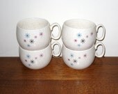 1950s Retro Gold Speckled Ceramic Cups / Mugs w/ Starburst, Snowflake Patterns / Set Of 4