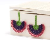 Crochet Bohemian Chic Dangle Earrings in Purple, Rose Pink, Green Flower Hippie Boho Gypsy Style Jewelry Varnished Iznik Tile Semicircle