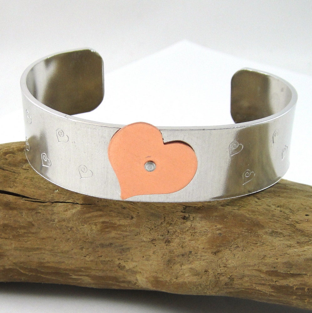 Aluminum Cuff Bracelet with Copper Heart Stamped Hearts