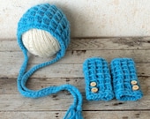Turquoise Newborn Bonnet & Legwarmers Set - Winter Newborn Hat - Photo Prop Knit Sets - Winter Baby Sets - Hat Leggings Set - Ready to ship
