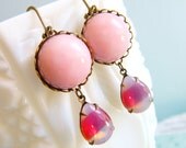 Pink Earrings, Retro Pink Earrings, Sabrina Glass, Vintage Earrings, Shabby Chic Pink, Pink Opal, Summer Earrings, Retro Vintage Jewelry