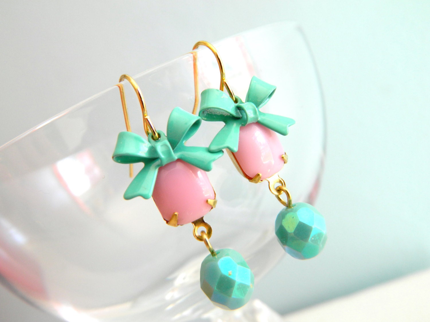 Retro Pink Earrings, Pink Teal Blue Earrings, Shabby Chic Earrings, Pastel Spring Earrings, Mothers Day, Retro Jewelry by ChromeAndCotton