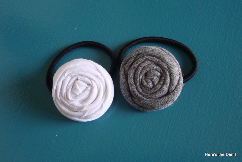 Gray and White Rolled Fabric Flower Ponytail Holders - Set of 2 - for Girl, Teen, Adult