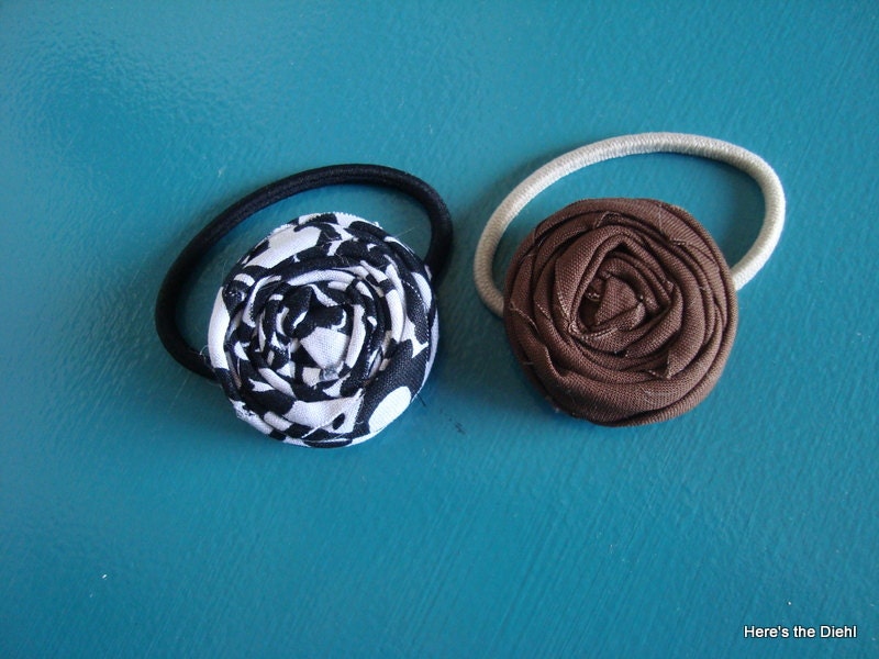 Black and White Damask and Brown Rolled Fabric Flower Ponytail Holders - Set of 2 - for Girl, Teen, Adult