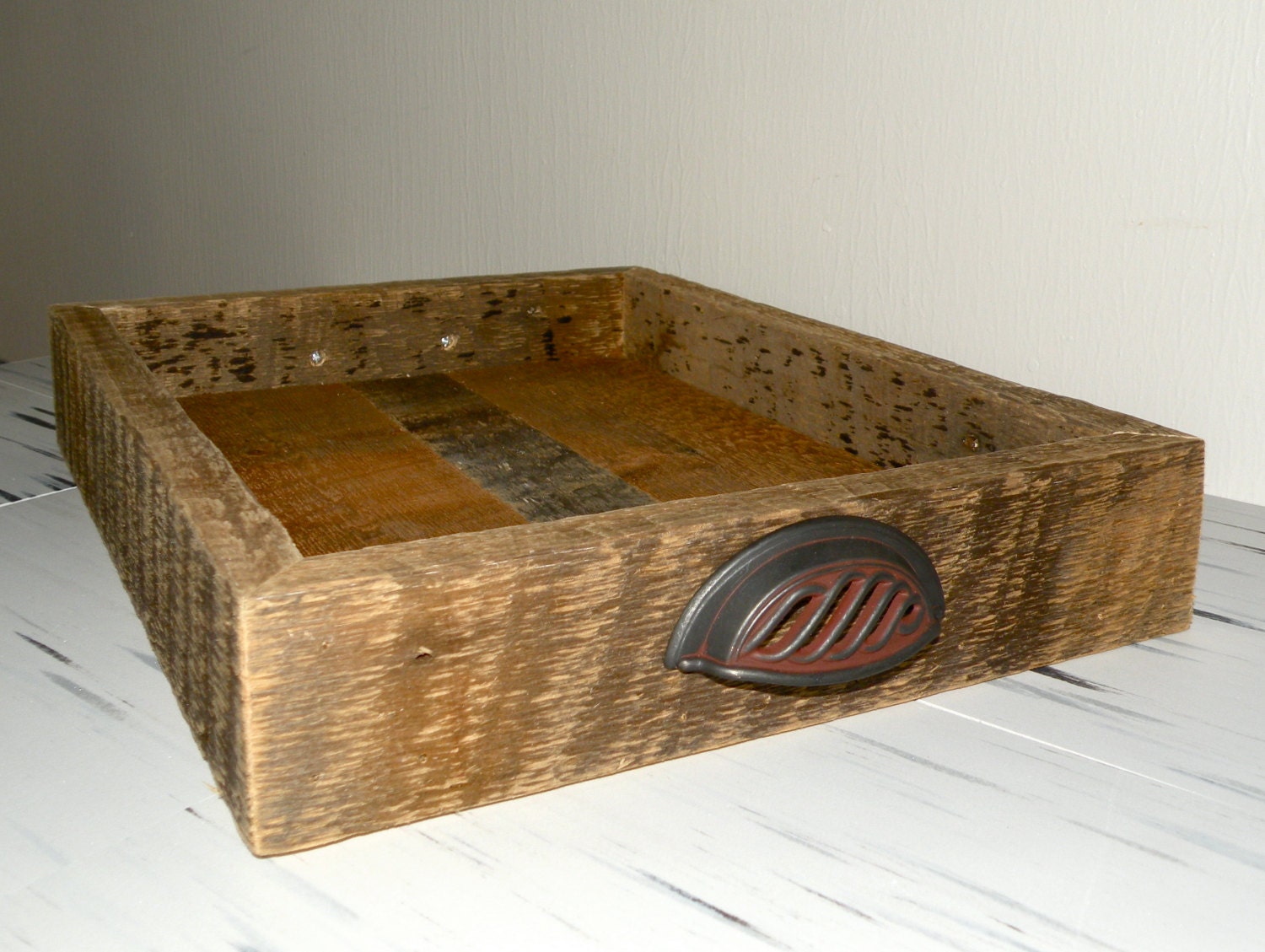 Reclaimed Barn Wood Serving Tray W/ Antiqued File Cabinet Handles