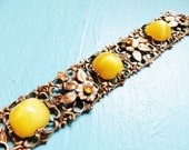 Czech Art Deco Bracelet  Brass Yellow Satin Glass Topaz Rhinestones Flowers Vintage 1930s Art Deco Jewelry