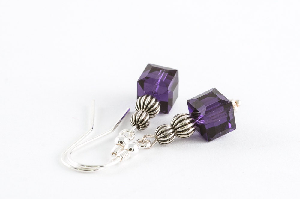 Small Swarovski Square Beadwork Earrings February Birthstone Crystal Dark Purple Earrings Vintage Style