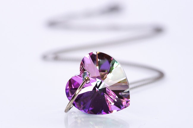 Purple Heart Necklace Swarovski Heart Pendant Silver Jewelry Summer Jewelry Oxidized Silver Chain