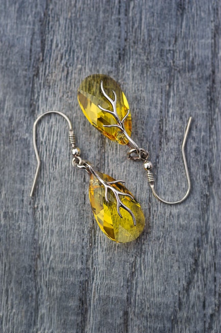 Beadwork Summer Earrings Swarovski Crystal Almond Shape Light Topaz Yellow Earrings