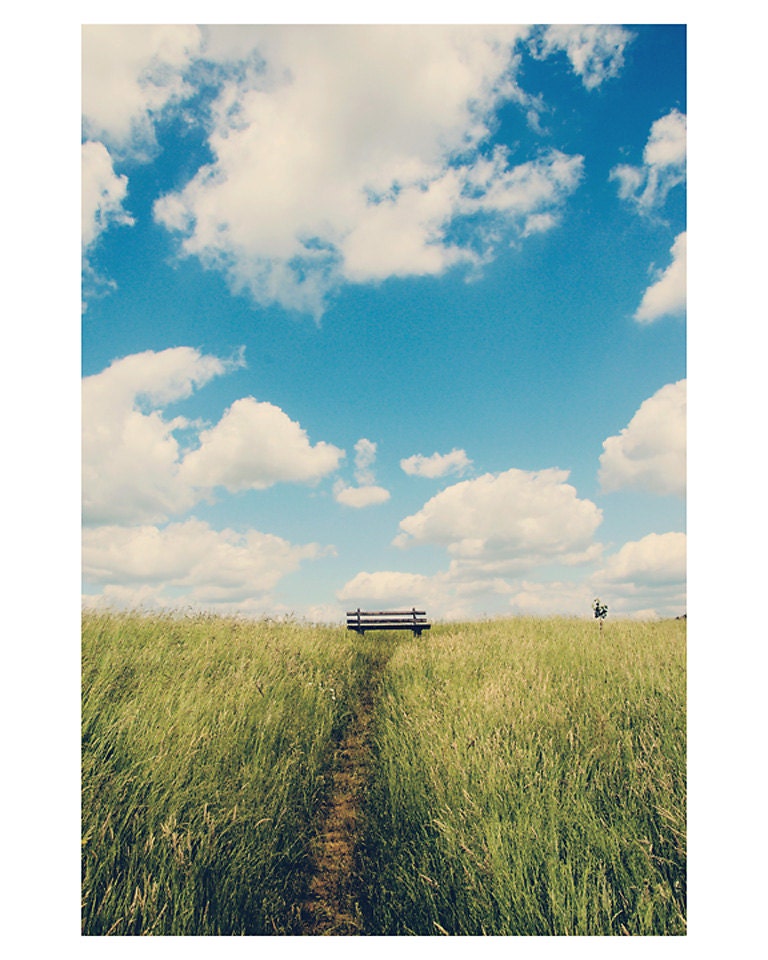 solitude spring landscape photo print - whimsical fine art nature photography, field, grass, sky, green, blue, clouds - 10x8