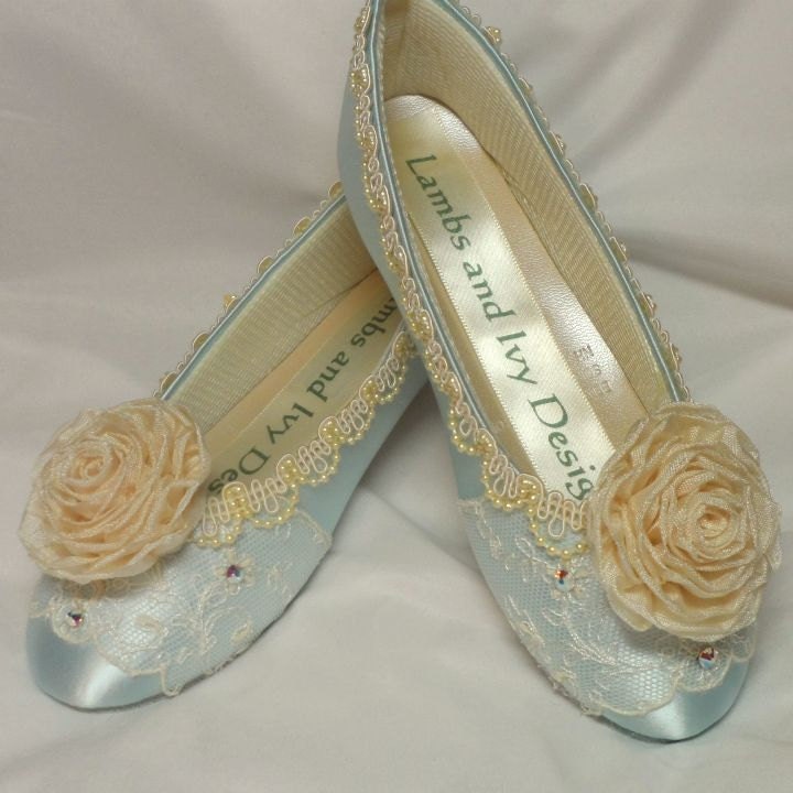 Princess Ballerina Shoes Blue Lace Ballet Shoes Roses Ribbon Work Flower Girl Wedding