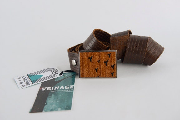 Leather belt and wooden buckle / leather man and woman belt / wood belt buckle / silkscreen print wood ON SALE
