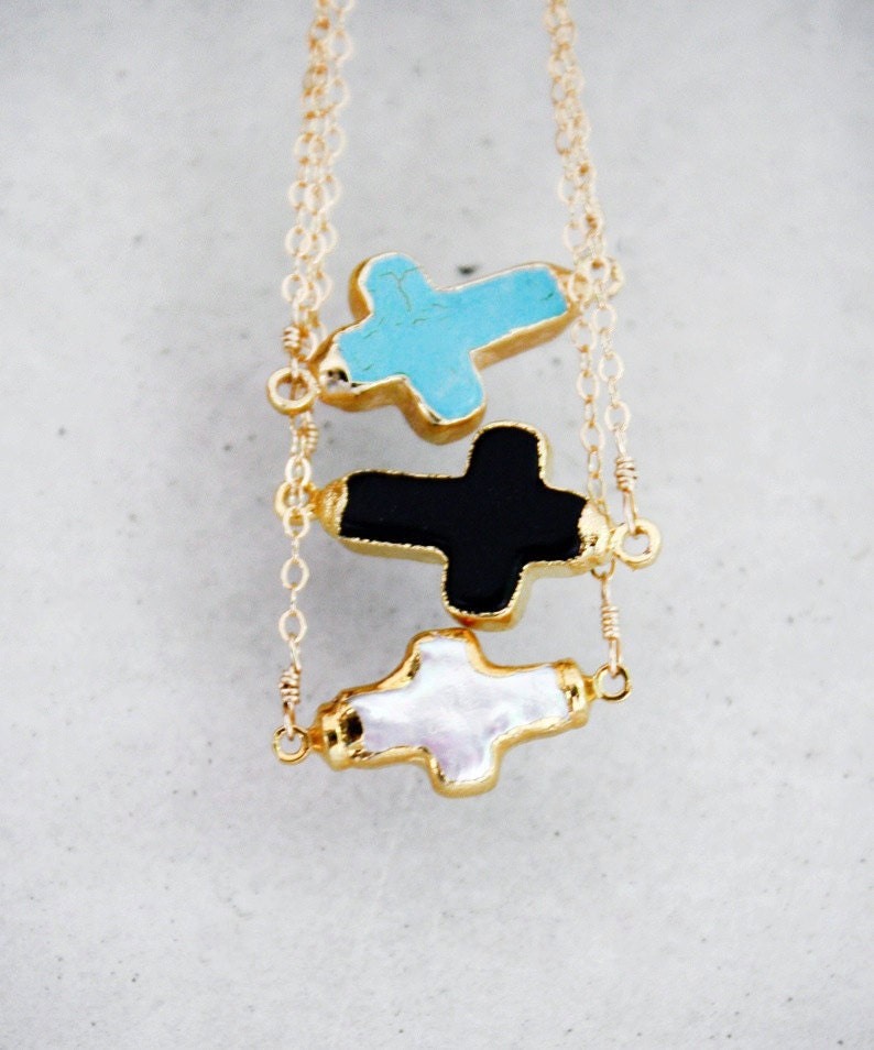 Sideways Cross Gemstone Necklace - Black, Turquoise, White Pearl