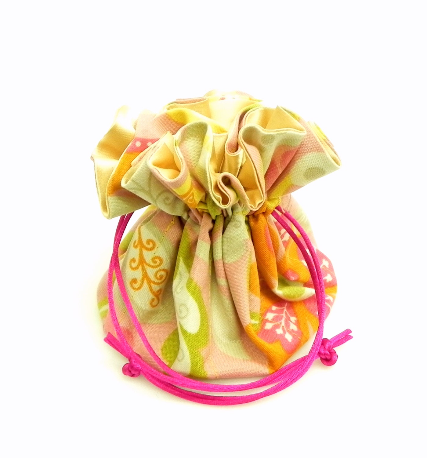 Drawstring Jewelry Pouch - Green, yellow, white and pink pastel floral travel bag