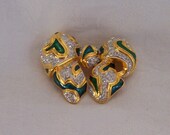 Kenneth Jay Lane Crystal Rhinestone Bow Brooch Green Enamel KJL vintage Gold Tone pin