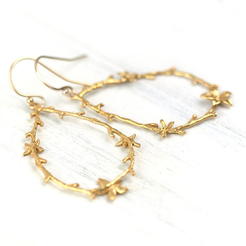 Twig and Blossom Earrings / Large 24K Gold Vermeil Dangle Earrings / Woodland Jewelry
