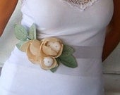 Bridal Sash Belt  in White Satin Ribbon: Accented with Beige Magnolia Flowers. Handmade and OOAK .