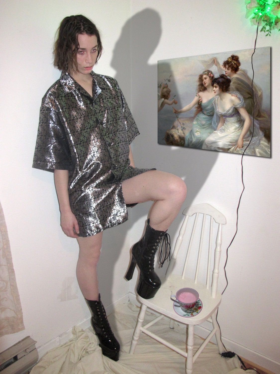 shiny silver tribal flames shirt XL