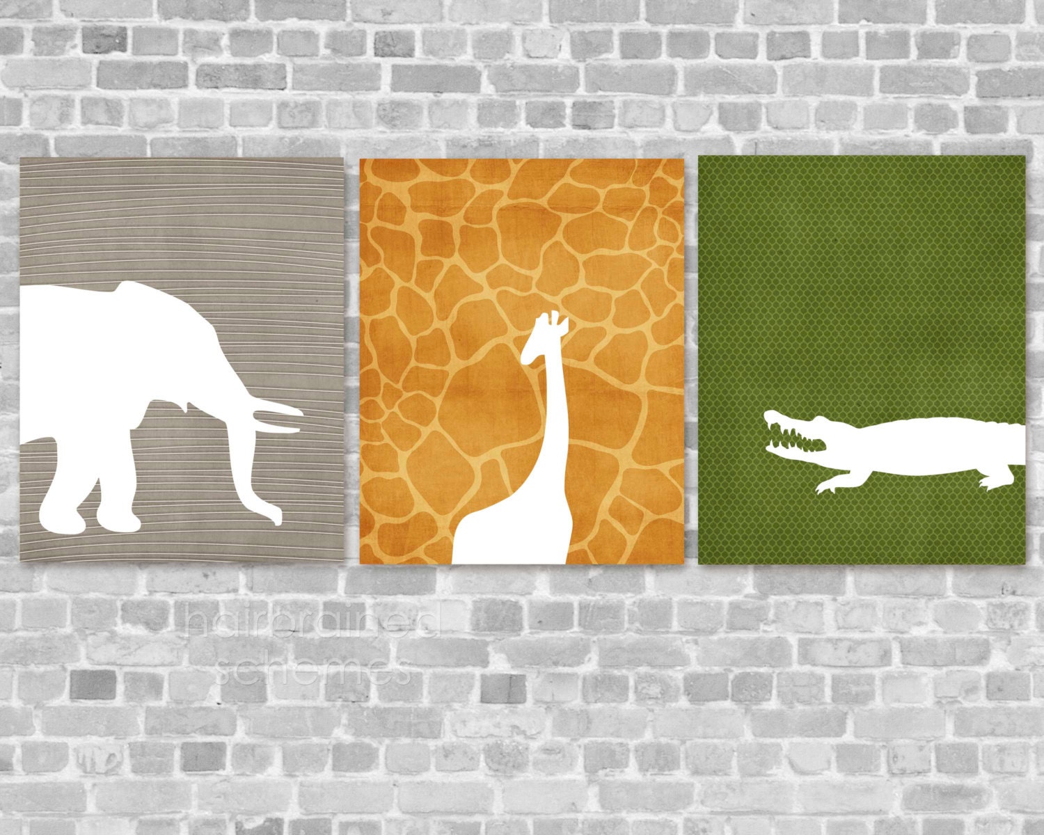 Nursery Poster Triptych - Wild Animal Zoo Digital Art Prints Green Gray Orange