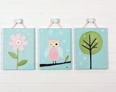 Pink Owl--Set of 3 paintings -Original acrylic Painting on Canvas - Made to Order - Wall Decoration - Wall Hanging