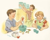 Vintage Teaching Aid Picture Portfolio Page of kids helping mother cook