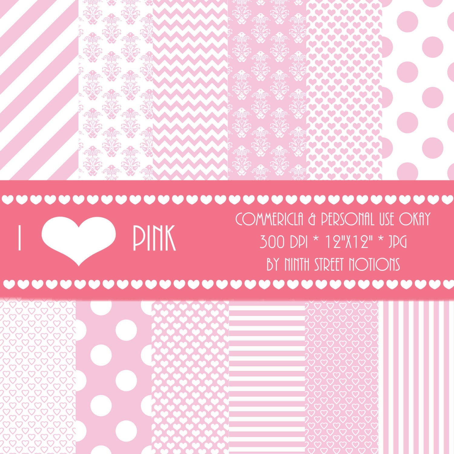 Pink Patterned Digital Scrapbook Papers 12x12 - for invitations, blog design, photographers
