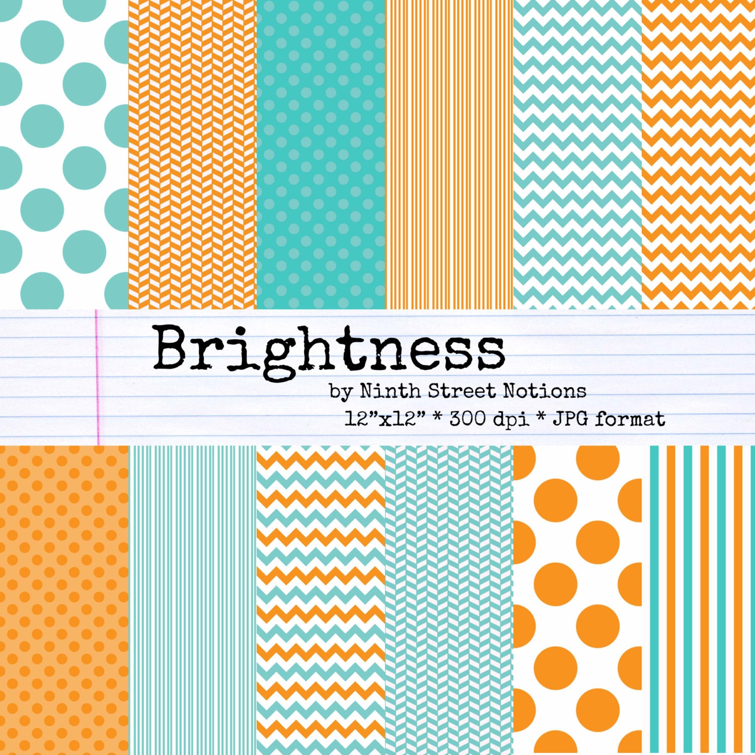 Teal and Orange Patterned Digital Scrapbook Papers 12x12 - for invitations, blog design, photographers