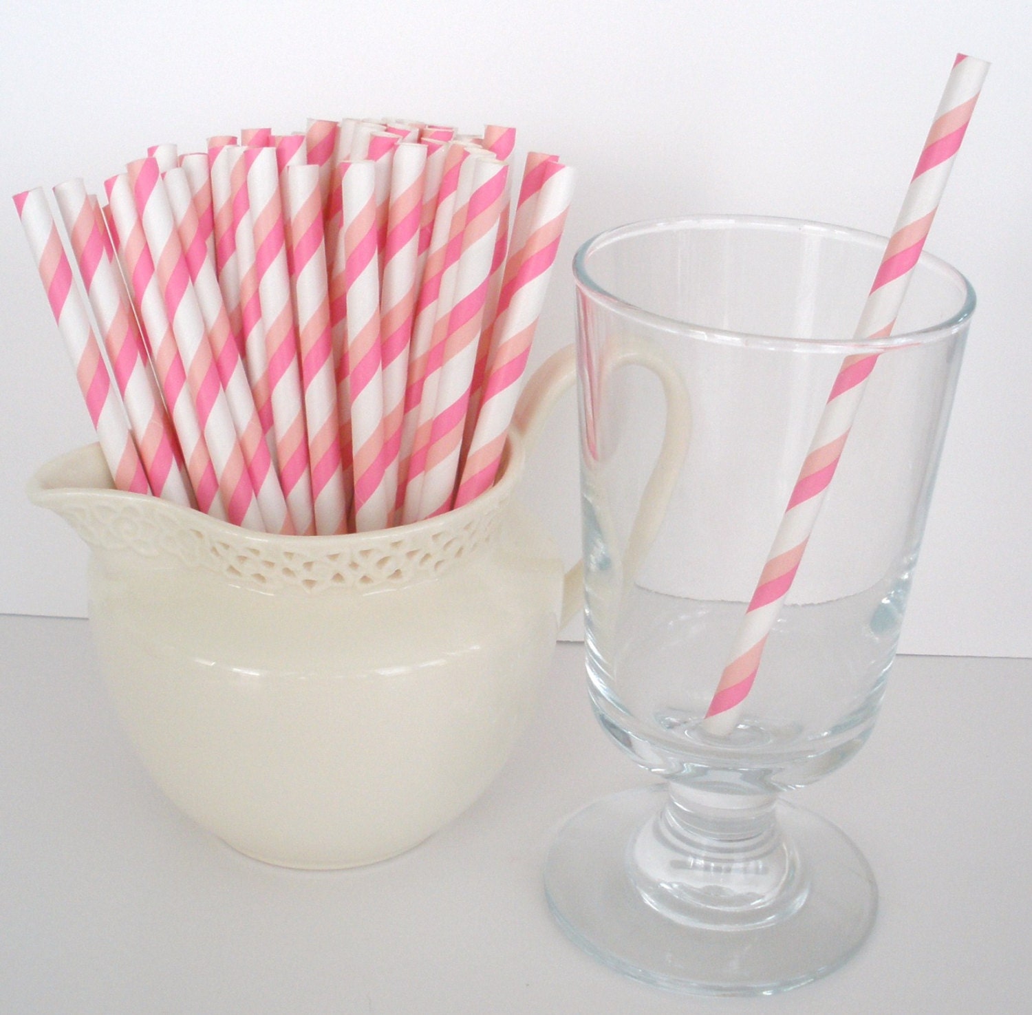 COCKTAIL PAPER STRAWS...25 ct...Double Pink / Pink Stripe Paper Drinking Straws..5 1/2"... Cake Pop Sticks Birthdays Parties Weddings