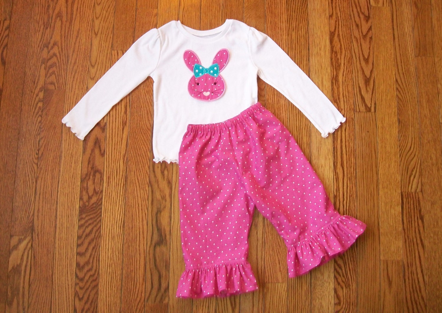 Girl's Ruffle Pant and Long Sleeve Shirt Outfit - Pink and White Polka Dot with Cute Bunny Face Applique