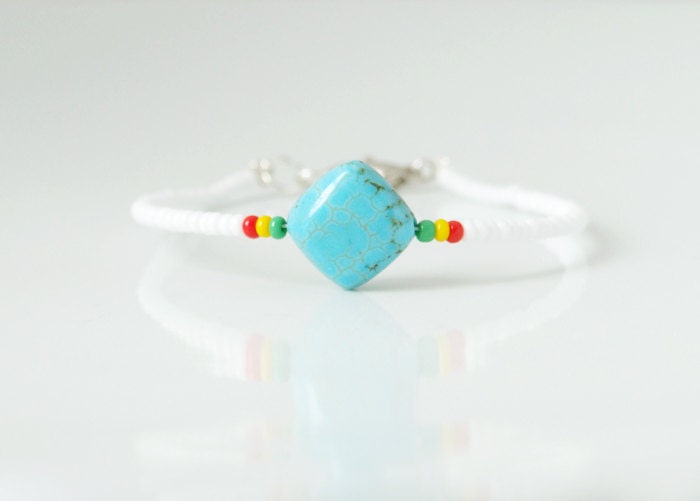 White Seed Beads Bracelet With Turquoise - Geometric Bracelet - Trendy Hip Modern
