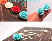 Turquoise Rose Necklace and Earring Set/ Set of Vintage Style Turquoise Rose Bridesmaid Gift Ideas