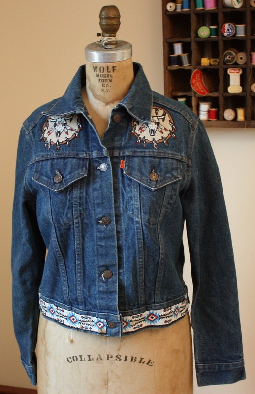 1980's Levis Denim Jacket With Southwestern Indian Embellishments USA Made Size Small