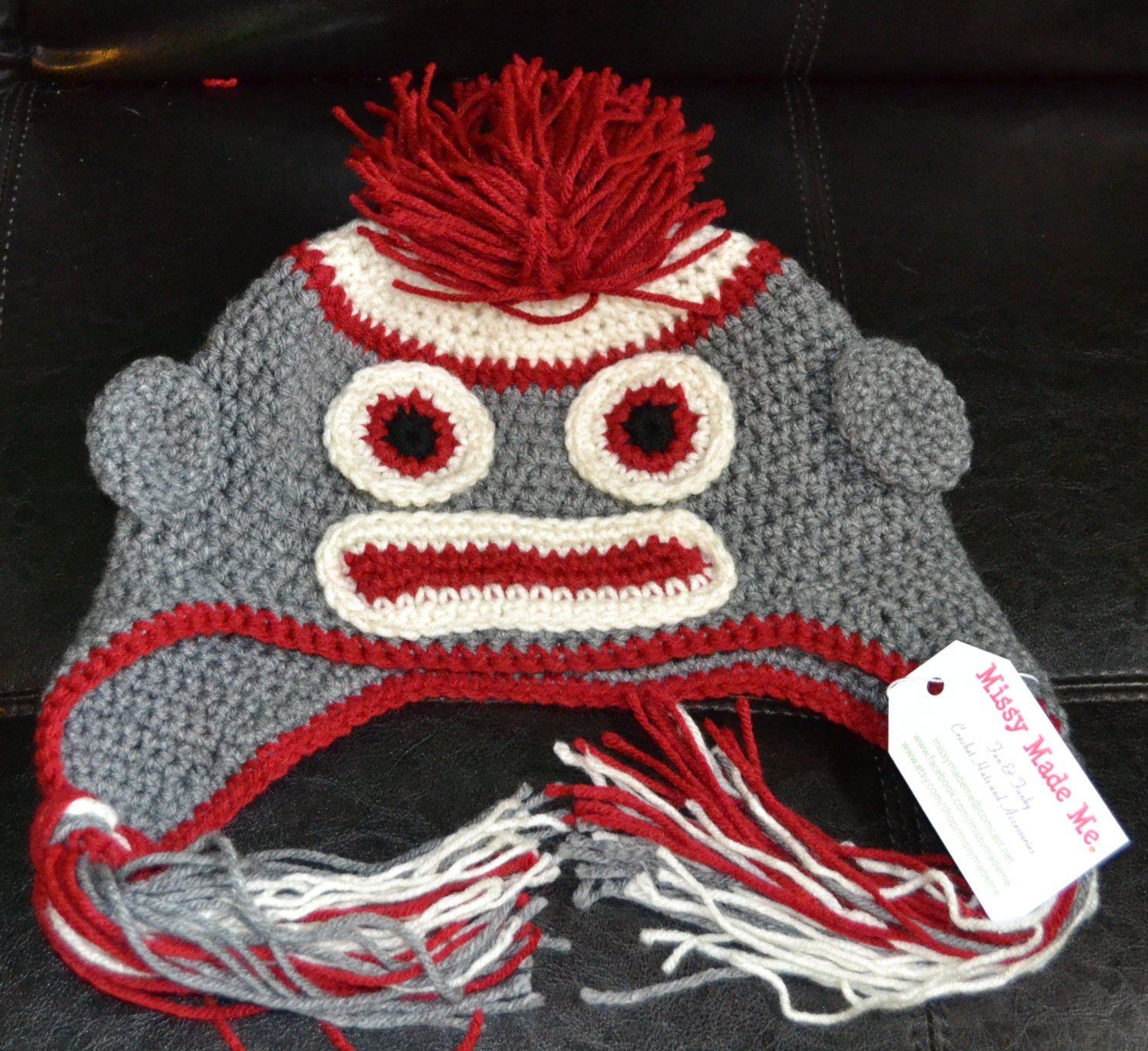 Sock Monkey Earflap Hat with Braids or Tassels - Photo Props - Made to Order - Newborn to Adult :)