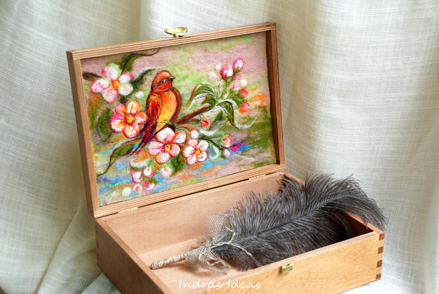 Wooden tea box with flower Wedding Card Box Jewelry Box