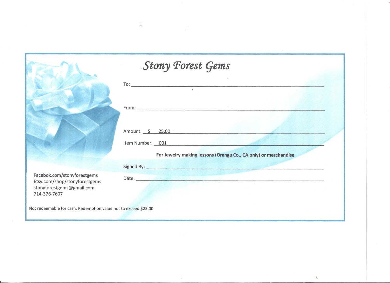 Stony Forest Gems Gift Certificate redeemable for merchandise or jewelry making classes