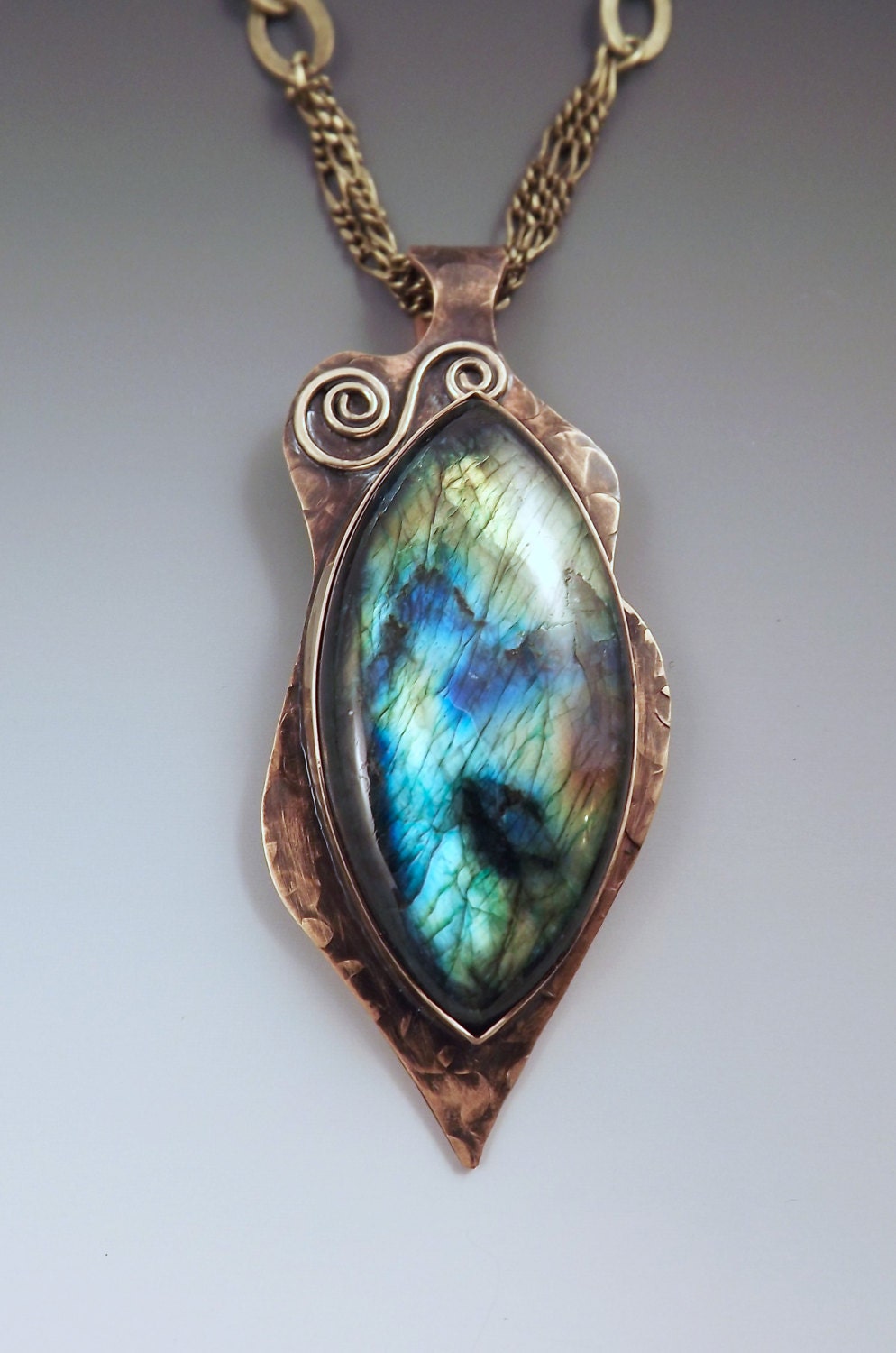 Emerald Green Labradorite Marquise- Smokey Bronze Patina- Metal Art Pendant Necklace