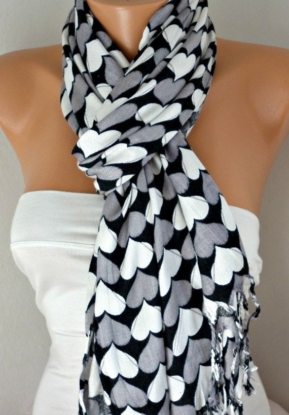 Heart  Scarf  Pashmina Scarf Women  Scarf  Shawl Scarf -  Cowl Scarf with Heart  - Multicolor - Gray White Black - fatwoman