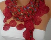BIG SALE Red Scarf  - Multicolor - Shawl -  Cowl  Scarf with  Lace Edge - fatwoman